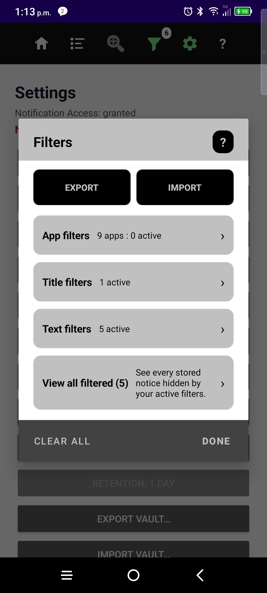 NotiVault filters