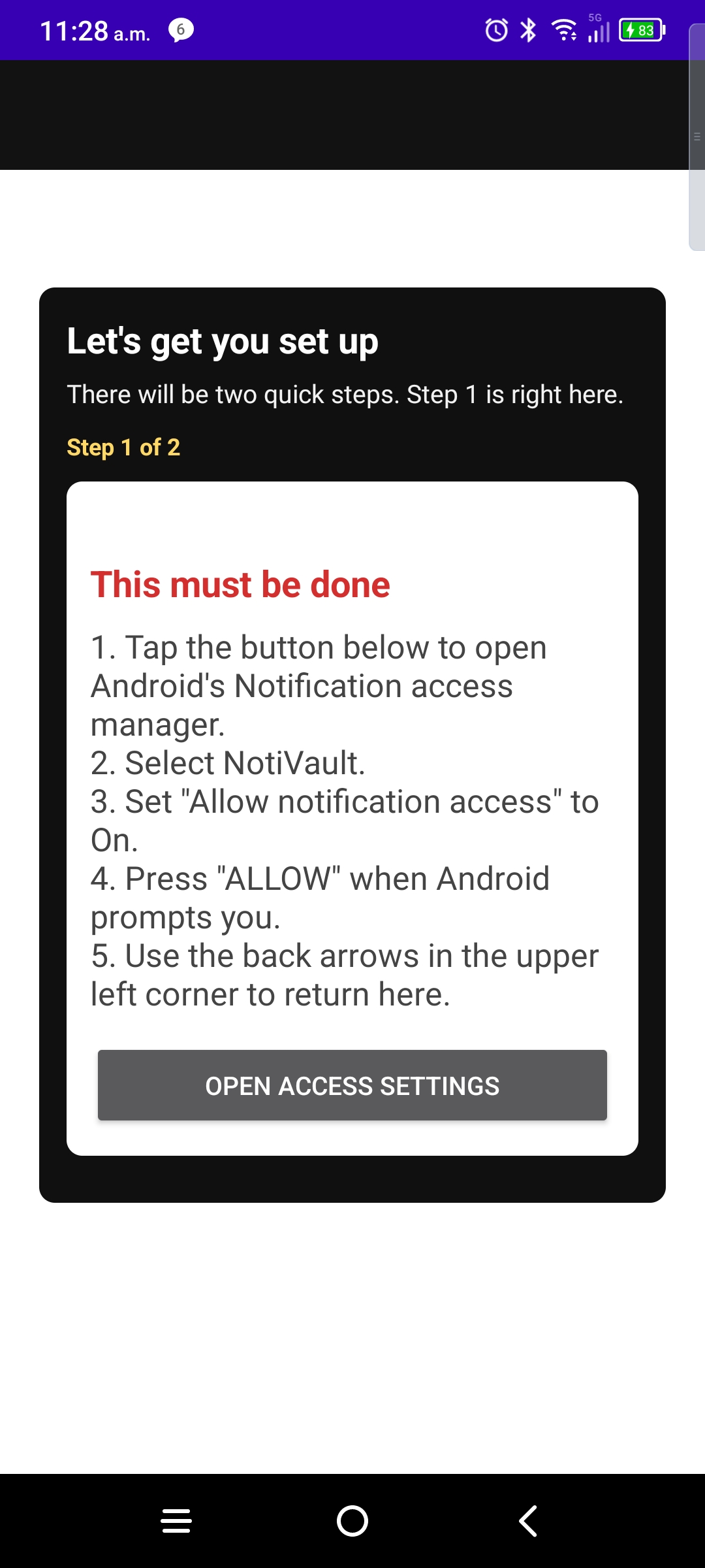 NotiVault Step 1 onboarding instructions