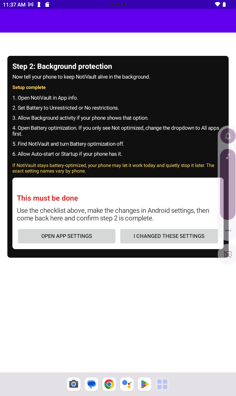 Confirm Step 2 background settings in NotiVault