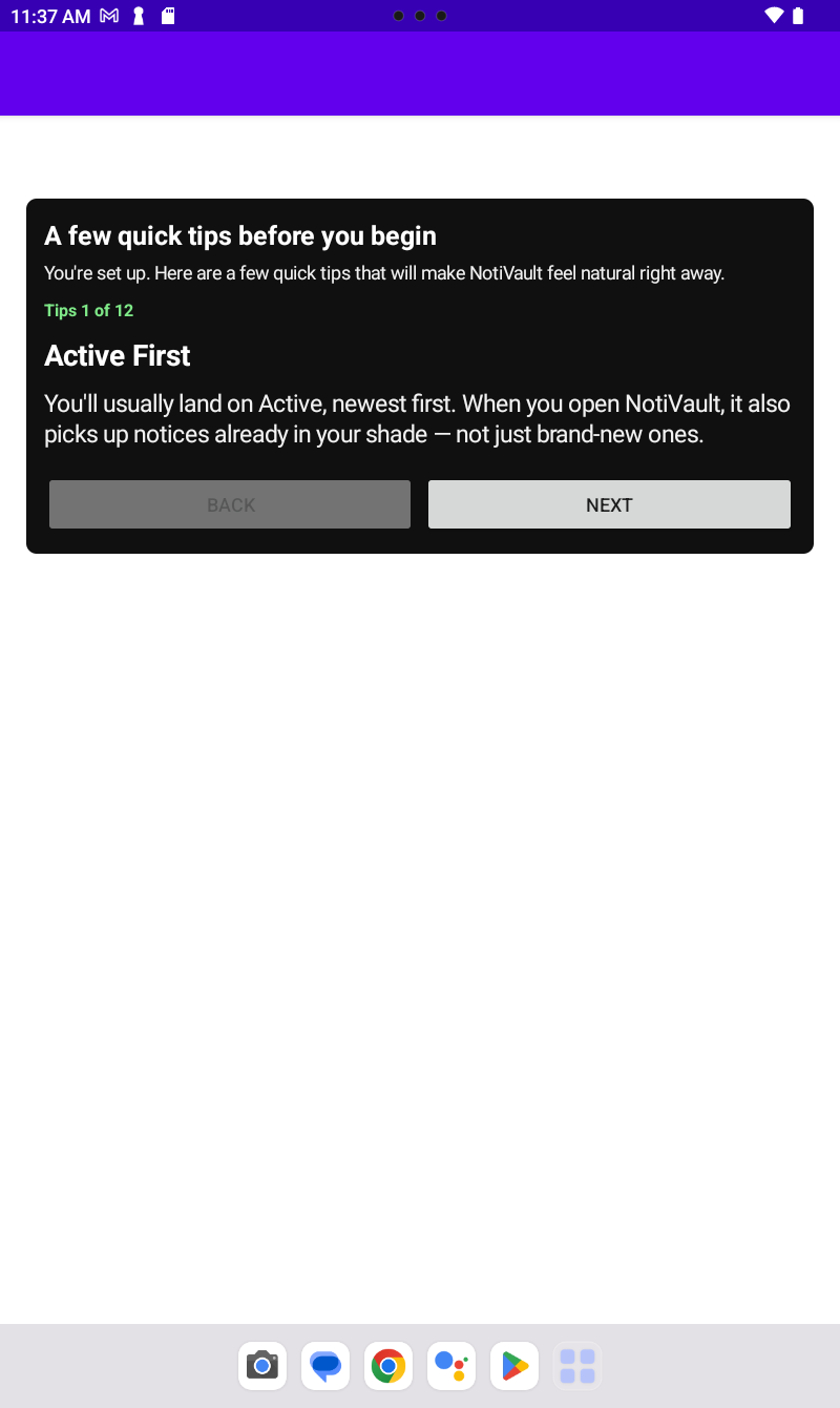 NotiVault tips tour step 1 Active First