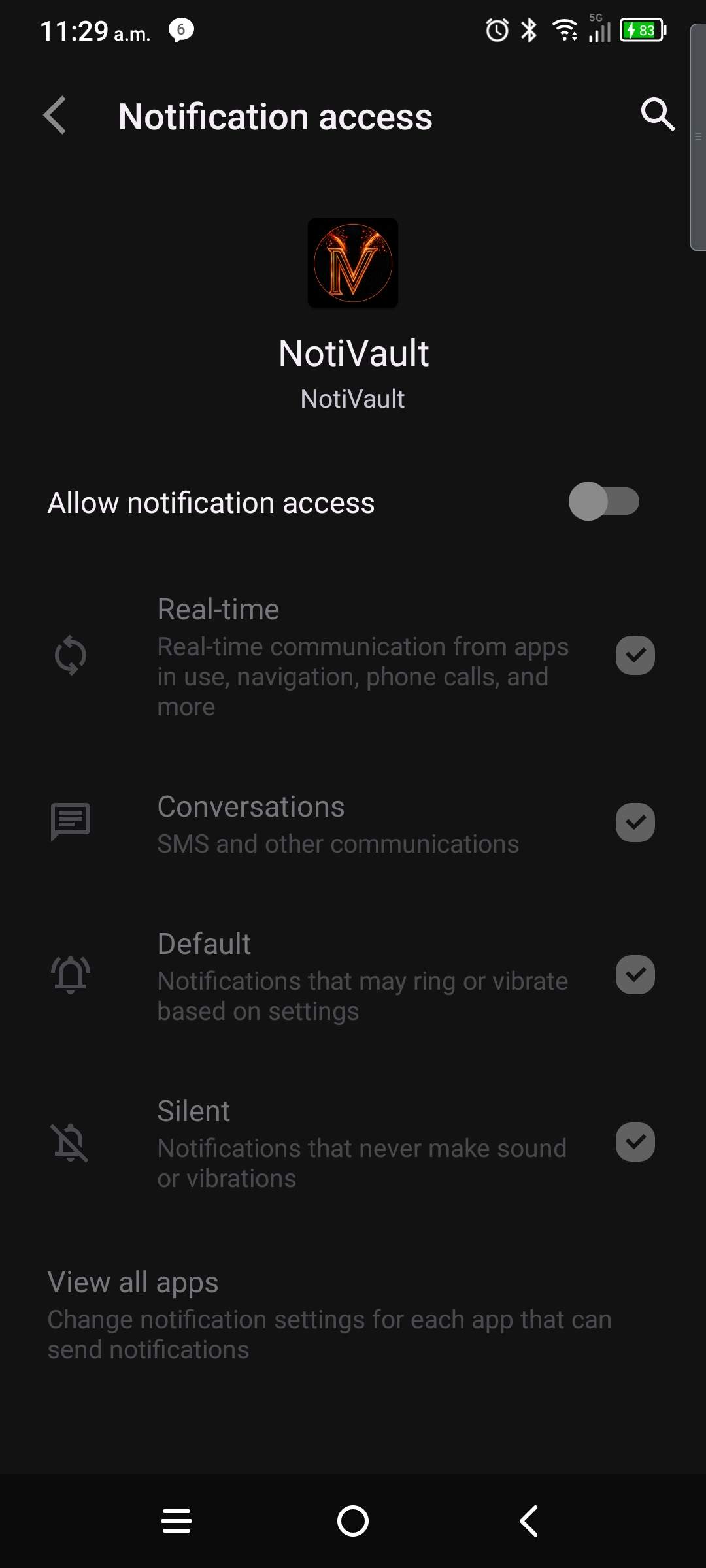 NotiVault notification access disabled