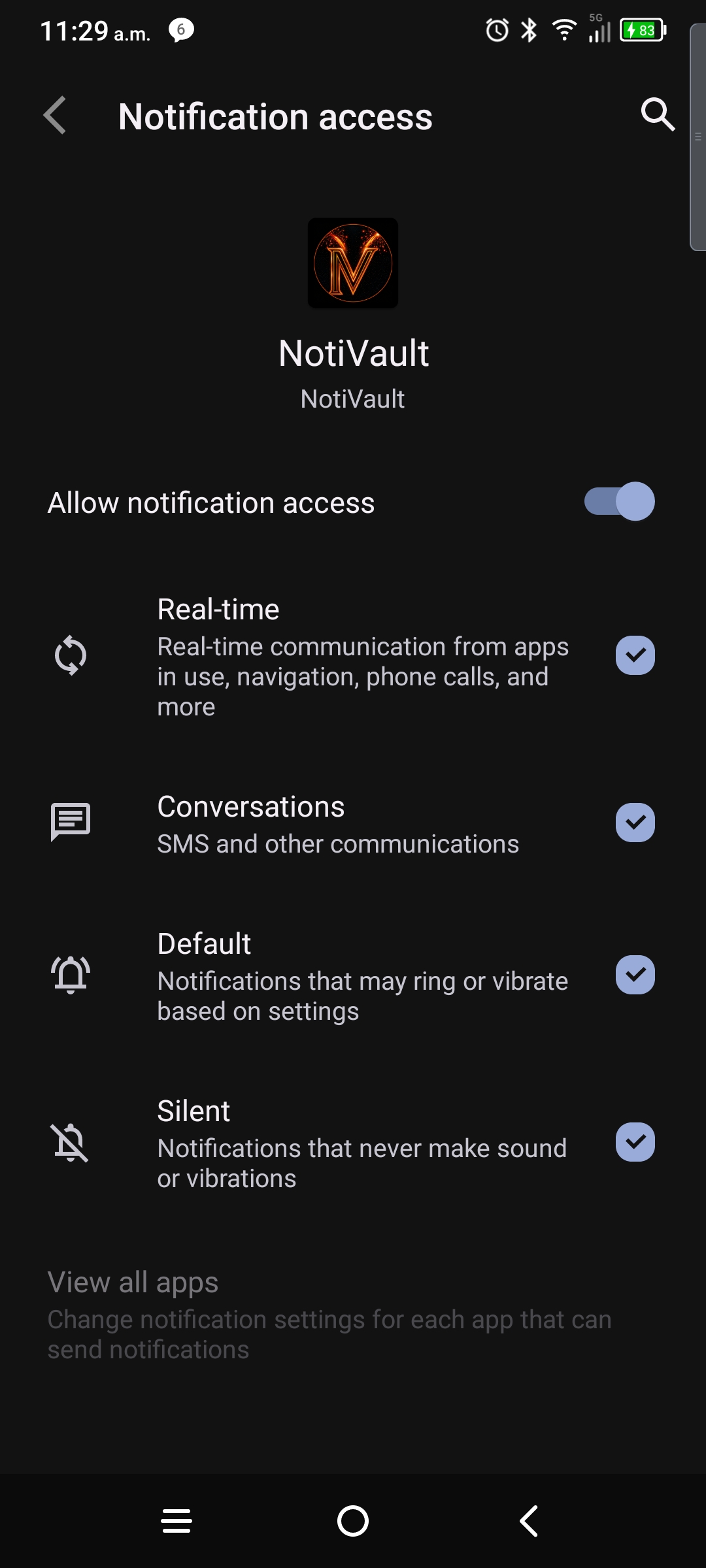 NotiVault notification access enabled