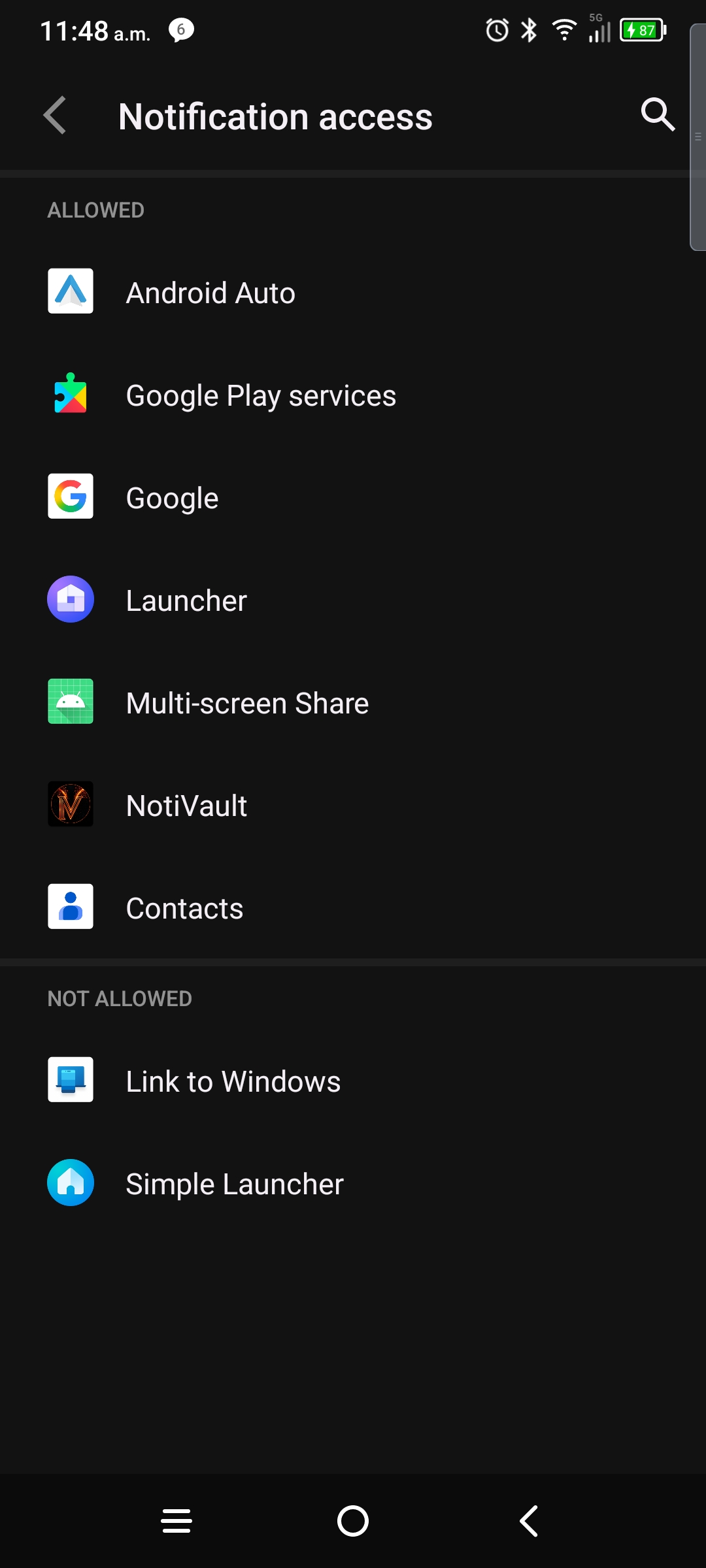 Notification access list showing NotiVault allowed